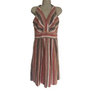 Donna Ricco Striped Linen Blend Halter Dress Peach Red Sz 8 Coastal Neutral